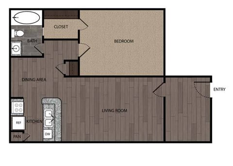 Floor plan for 1 bed, 1 bath, 615 sqft